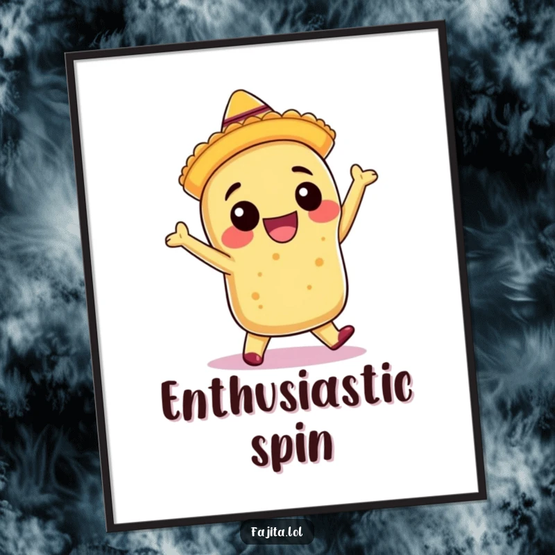 Funny digital art of a smiling burrito with a tiny sombrero, captured in a dynamic and joyful salsa dance pose.