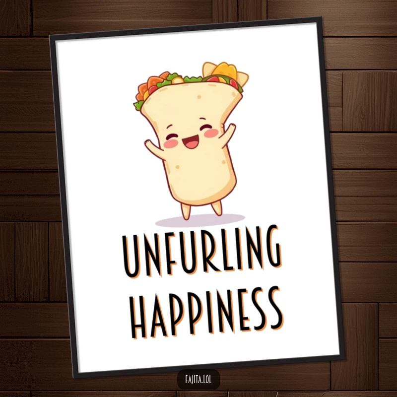 Funny burrito digital art print of a happy burrito doing a cartwheel, its tortilla slightly unfurled, for instant humorous wall decor.