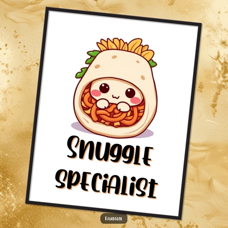 Funny digital art print of a happy fajita burrito character rolling into a snug position, ideal for cozy wall decor.