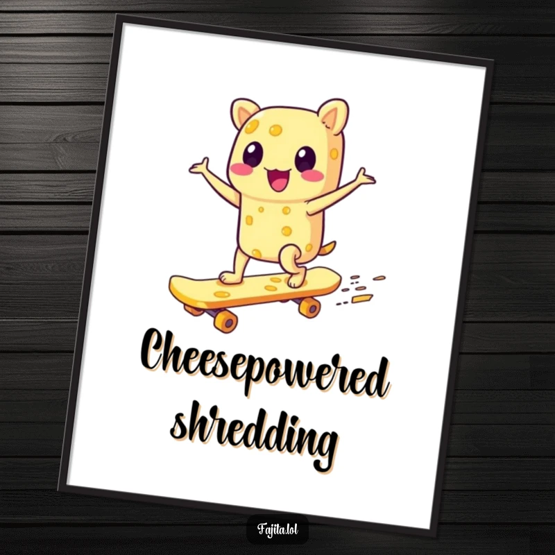 Funny digital art print of a gleeful fajita character skateboarding on a cheese board, offering extreme and humorous decor for instant download.