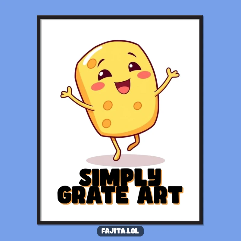 Instantly elevate your decor with this downloadable funny print of a giggling cheese shred doing a bouncy jig. Pure visual joy.