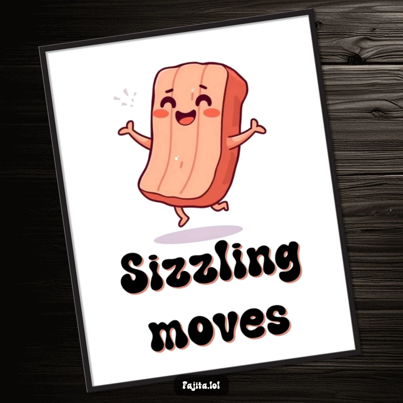 Funny digital art print of a smiling strip of grilled meat doing an excited shimmy dance, for vibrant decor.