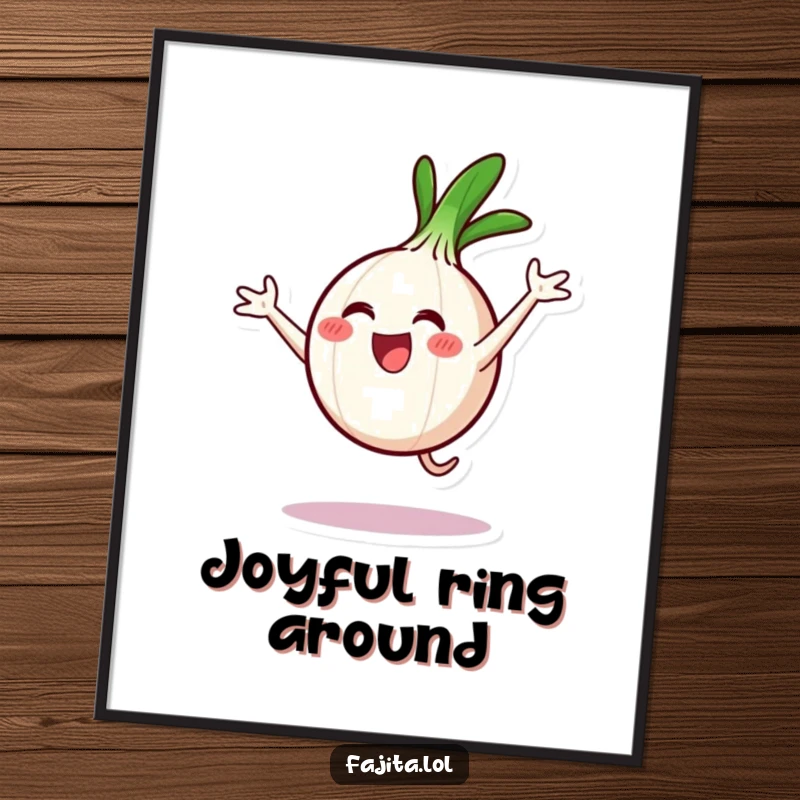 Funny digital art of an excited onion ring character performing a cartwheel, perfect for energetic wall decor.