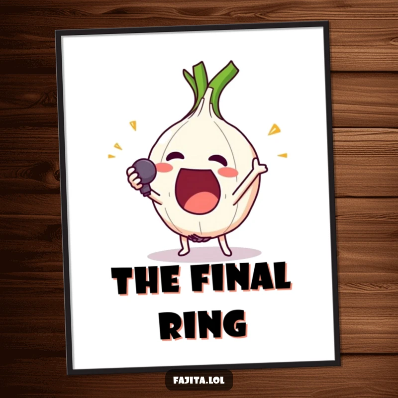 Funny digital art print of an excited onion ring character performing a dramatic mic drop, for comedic decor.