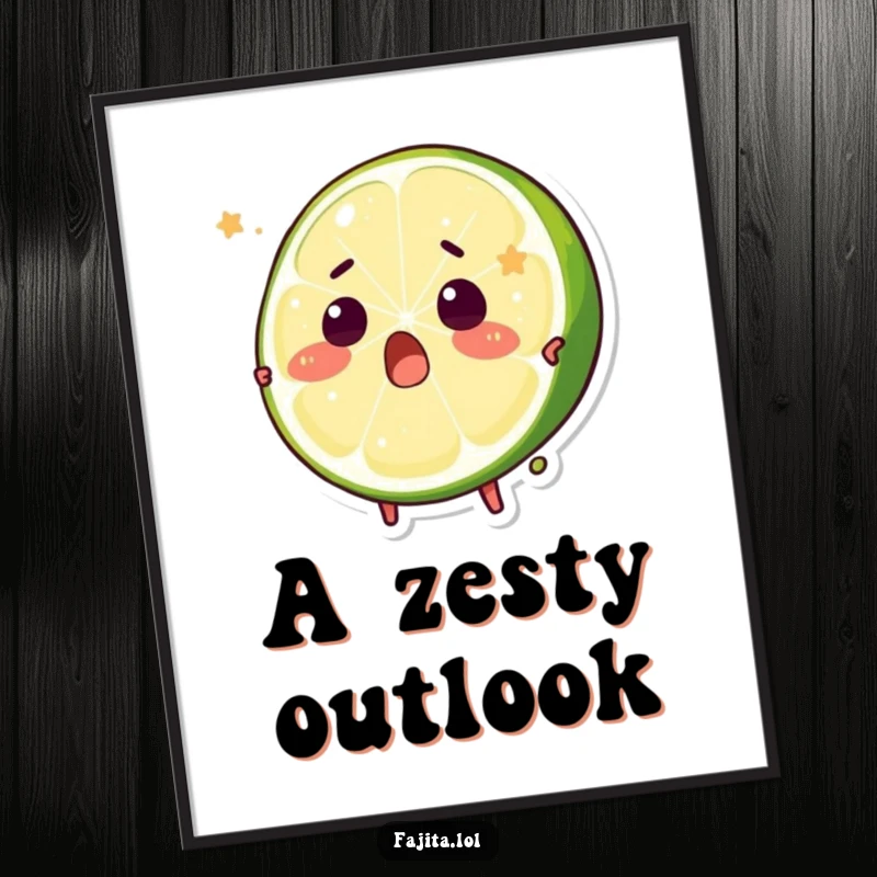 Funny digital art print of a surprised lime wedge character comically being squeezed, perfect for wall decor.