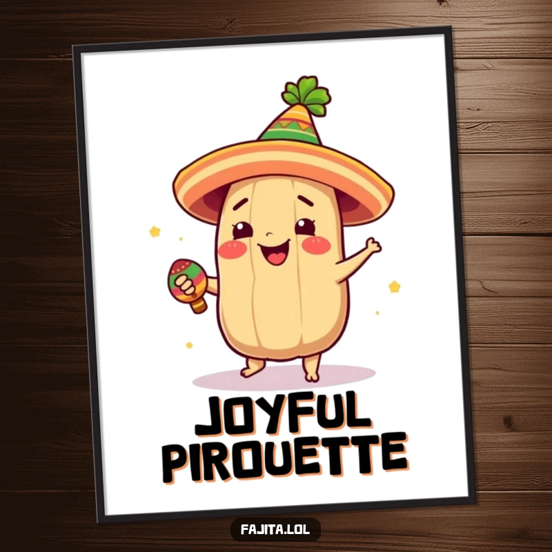 Funny digital art of a giddy tamale with a festive hat, captured in a joyful spinning pose with a maraca.