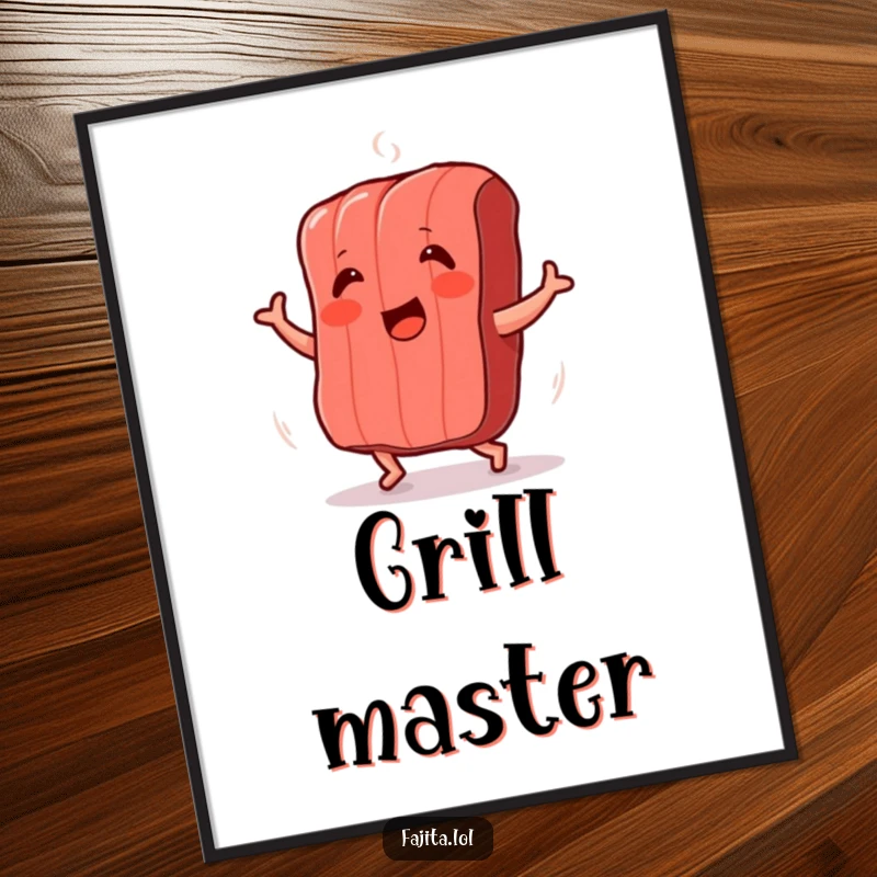 Funny digital art of a smiling grilled meat strip doing an excited shimmy dance, bringing lively humor to wall decor.