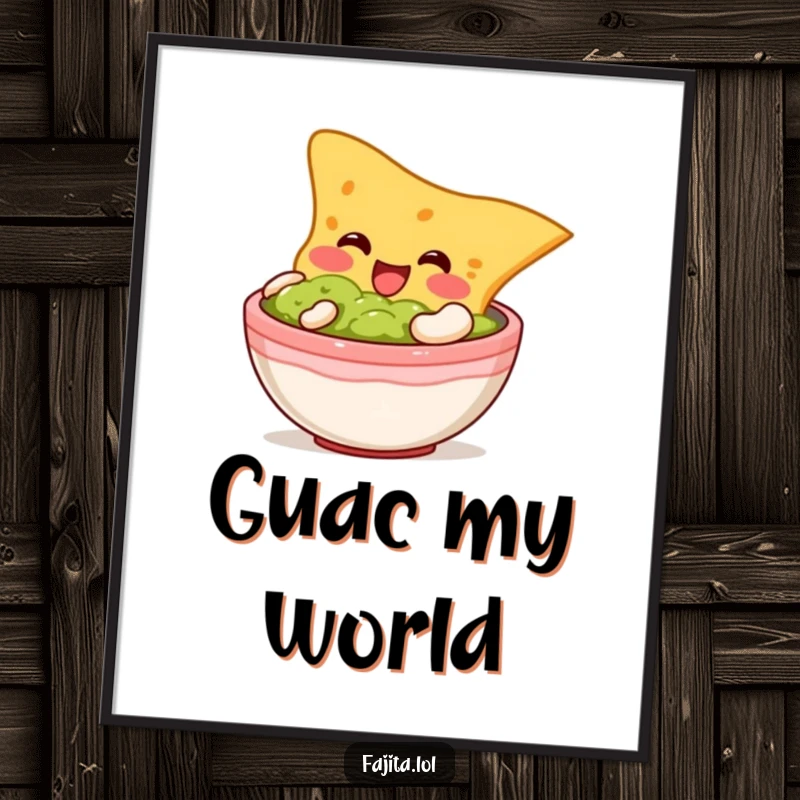 Funny digital art print of a plump tortilla chip character happily diving into guacamole, for snack-themed decor.