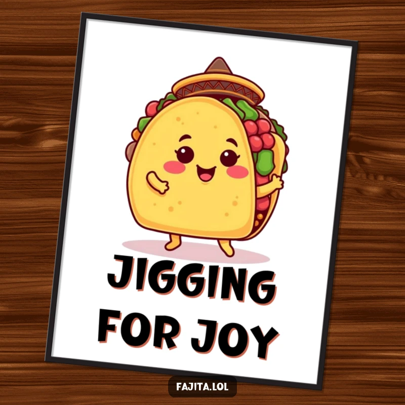 Funny taco digital art print of a smiling taco shell in a sombrero doing a jig, perfect for instant humorous home decor.