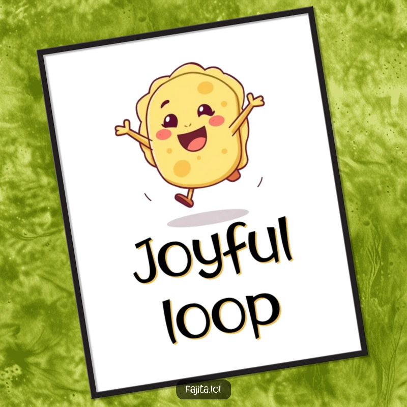 Funny digital art print of a joyful tortilla character performing a cheerful cartwheel, bringing instant happiness and energy to displays.