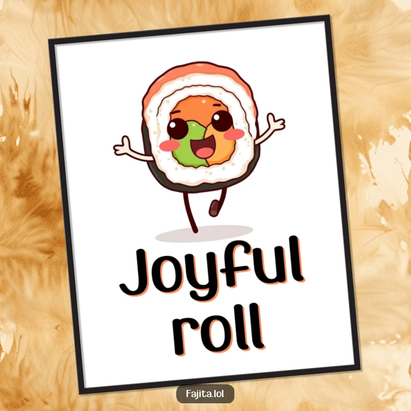 Funny digital art of a delighted sushi roll with soy sauce legs, captured in a happy, energetic hopping pose.