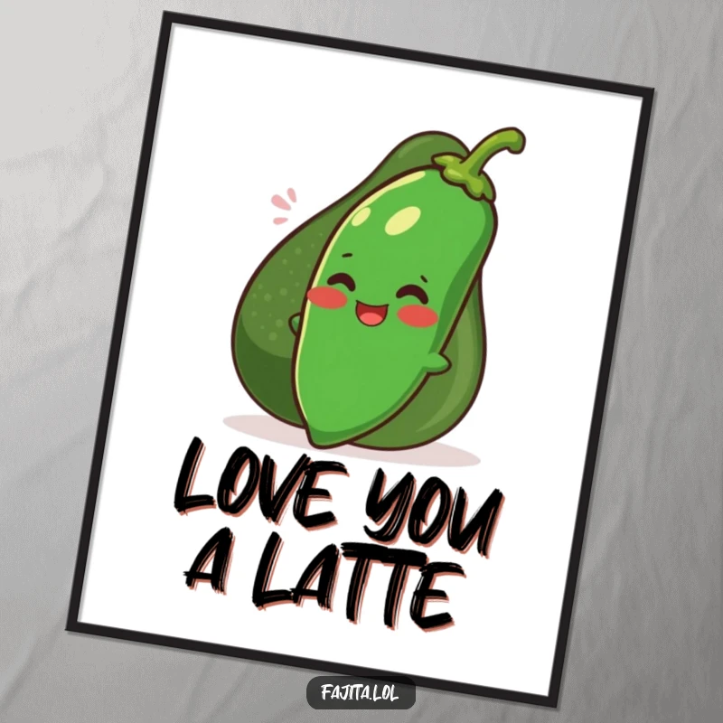 Funny giggling jalapeno character hiding behind a smiling avocado, digital art print for instant humorous decor.