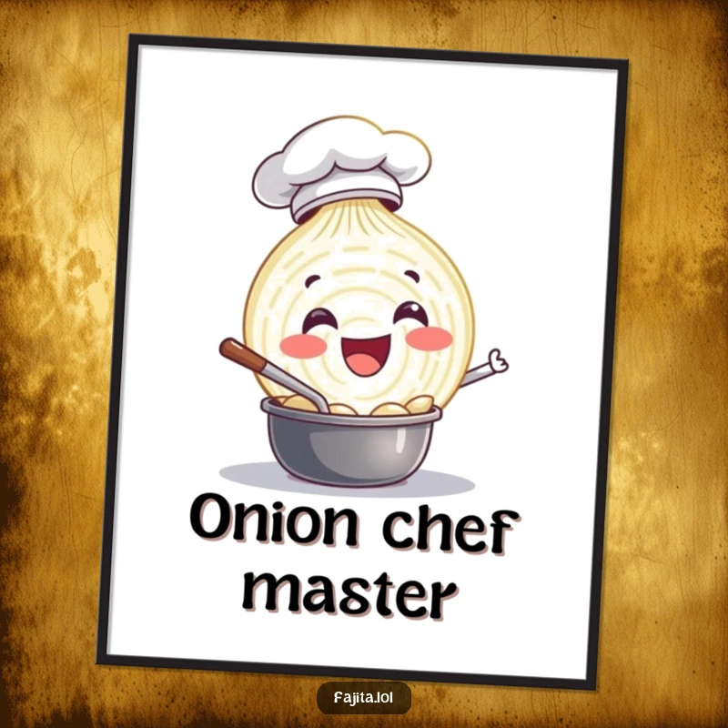 Funny digital art print of a delighted onion slice chef happily stirring a pot, bringing instant culinary charm and humor to displays.