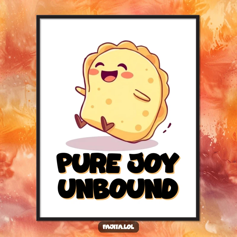 Funny digital art print shows a giggling tortilla character joyfully rolling down a hill, celebrating food fun.