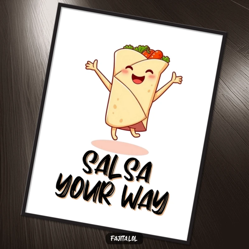 Funny digital art print of a smiling fajita wrap doing a cartwheel, spicy filling leaping out, for vibrant decor.