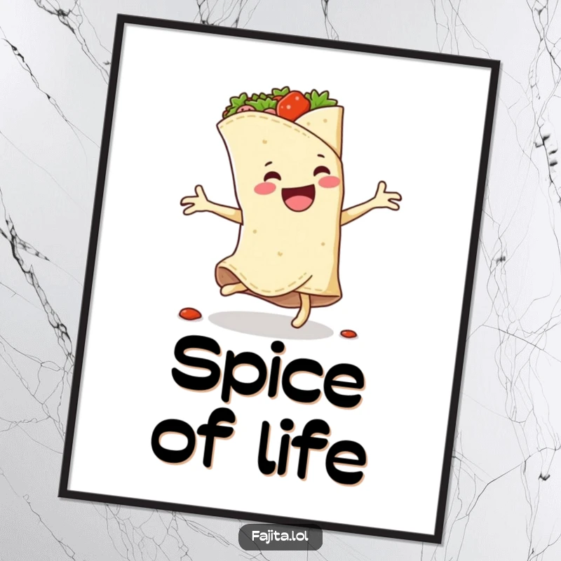 Funny digital art print of a smiling fajita wrap performing a cartwheel, with its delicious spicy filling leaping out.