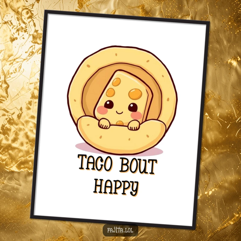 Funny shy cheese slice character peeking from a steaming tortilla, digital art print for instant humorous decor.