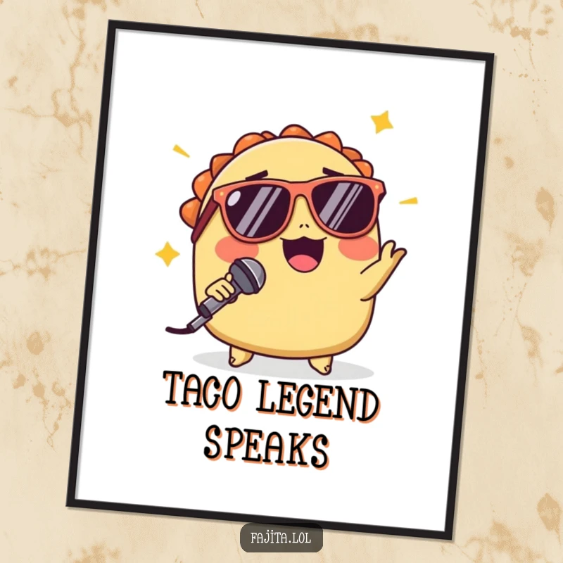 Funny digital art print of a winking taco in sunglasses performing a dramatic mic drop, bringing instant cool vibes to digital displays.