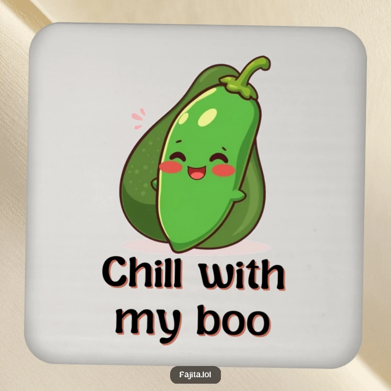 Funny blushing jalapeno hiding behind a smiling avocado on drink coasters, adding humorous protection to surfaces.