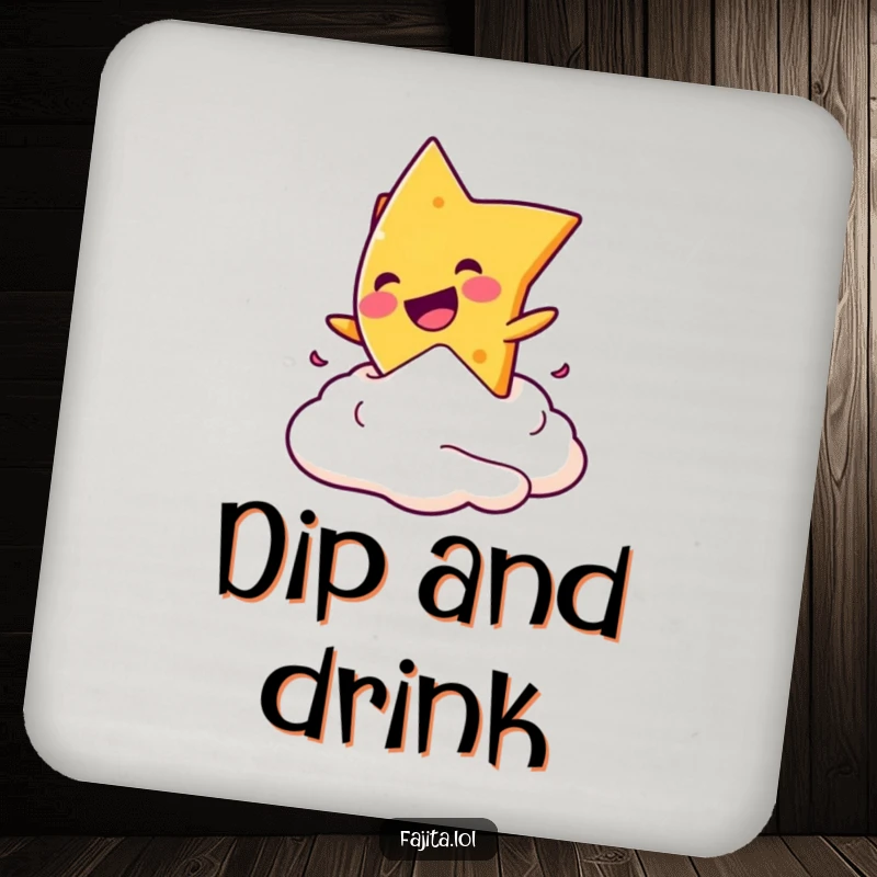 Funny drink coaster featuring a mischievous nacho chip playfully diving into a dollop of sour cream, protecting surfaces.