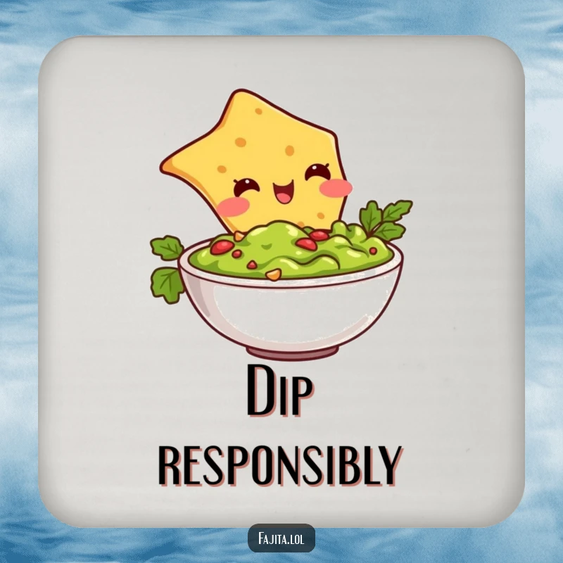 Funny drink coasters featuring a tortilla chip character happily diving into a guacamole bowl, ideal for protecting surfaces humorously.