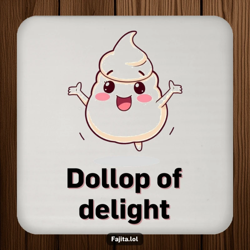 Funny Coasters featuring a playful sour cream dollop character bouncing with excitement, protecting surfaces with creamy charm and humor.