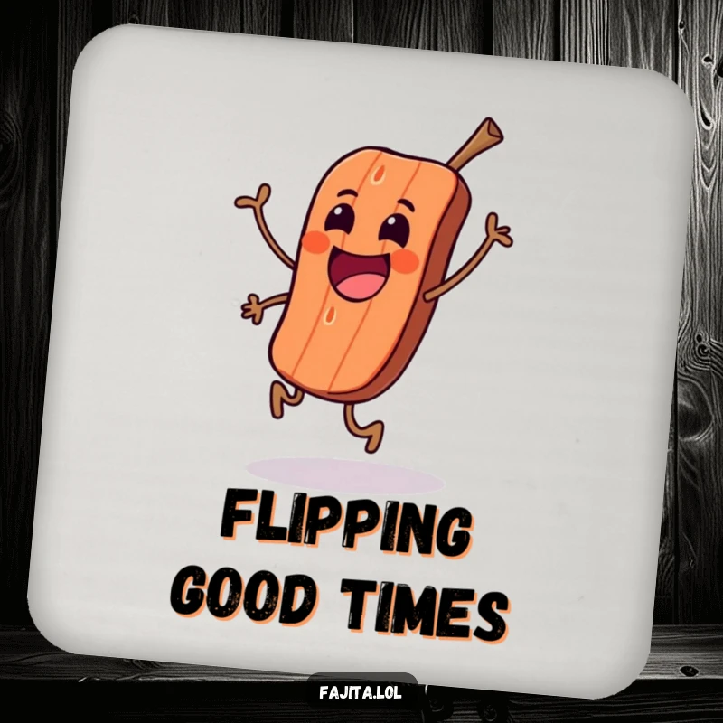 Funny drink coaster featuring an excited grilled meat character doing a happy skip, adding humor to drinks.