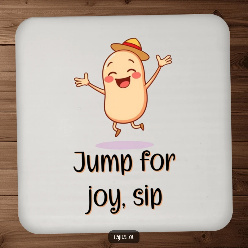 Funny Bean Salsa Coaster, a jumping bean character with salsa, preventing rings with energetic charm.