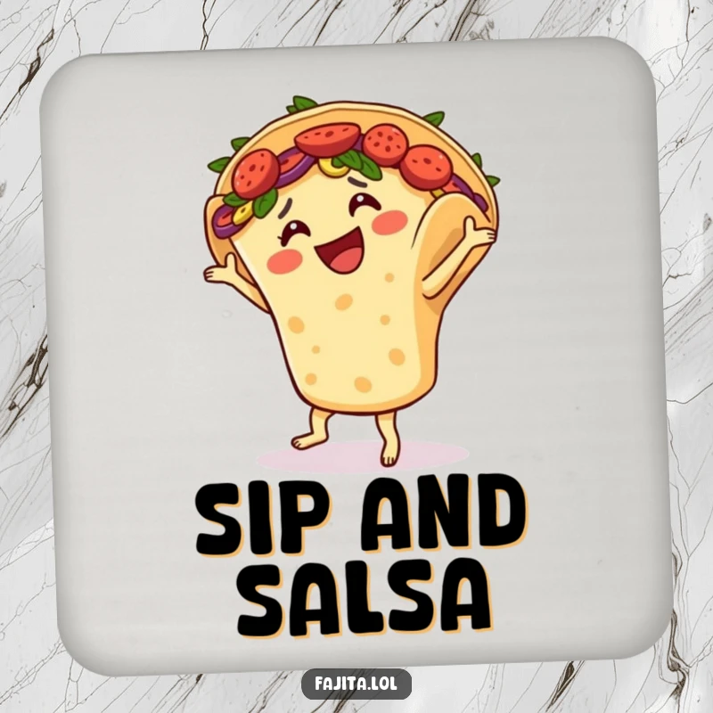Funny coaster features a smiling fajita in a tortilla shell doing a joyful salsa dance, adding humor to drinks.