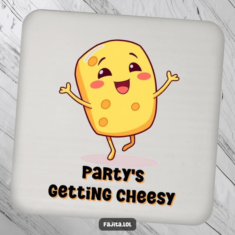 Funny drink coaster featuring a giggling cheese shred character enthusiastically doing a bouncy jig, protecting surfaces with humor.