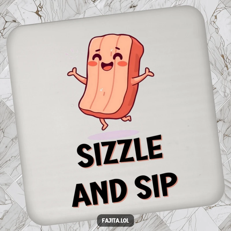 Funny coaster featuring a smiling strip of grilled meat doing a cheerful shimmy dance, protecting surfaces with humor.