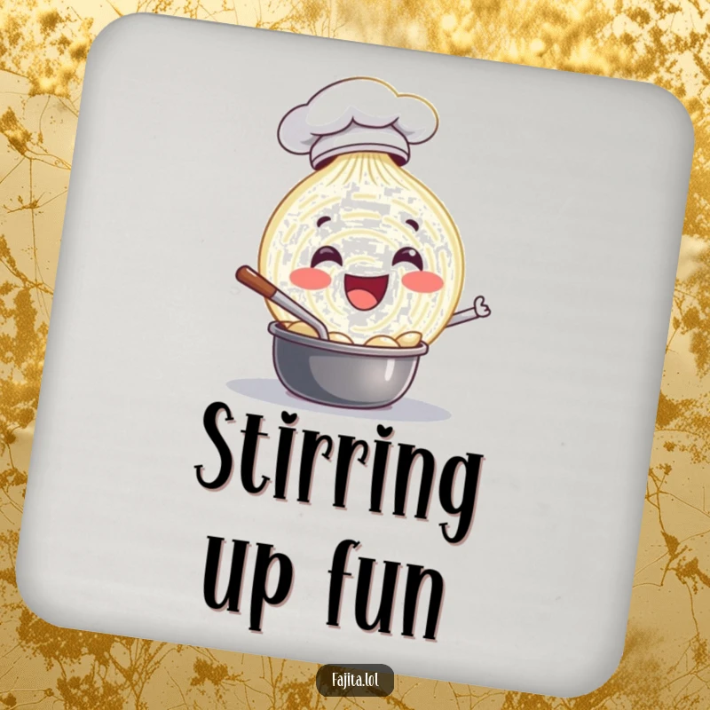 Funny drink coaster with a delighted onion slice chef happily stirring a pot, safeguarding surfaces with a dose of culinary charm.