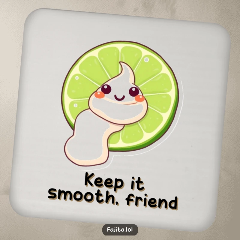 Funny Sour Cream Lime Coaster, a cartoon sour cream dollop winking on a lime, preventing rings with citrusy humor.