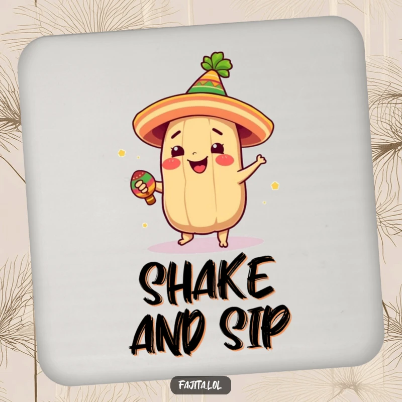 Funny drink coaster featuring a giddy tamale in a festive hat, joyfully spinning with a maraca, protecting surfaces.