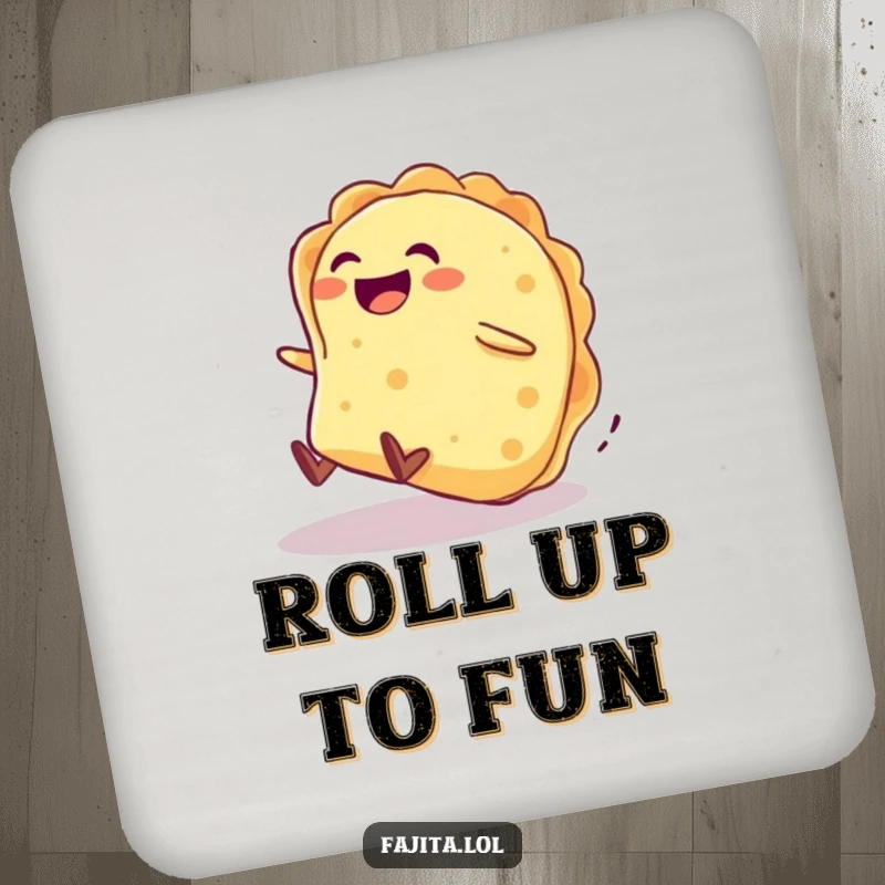 Funny coaster depicts a giggling tortilla character rolling downhill with pure joy, adding charm to drinks.