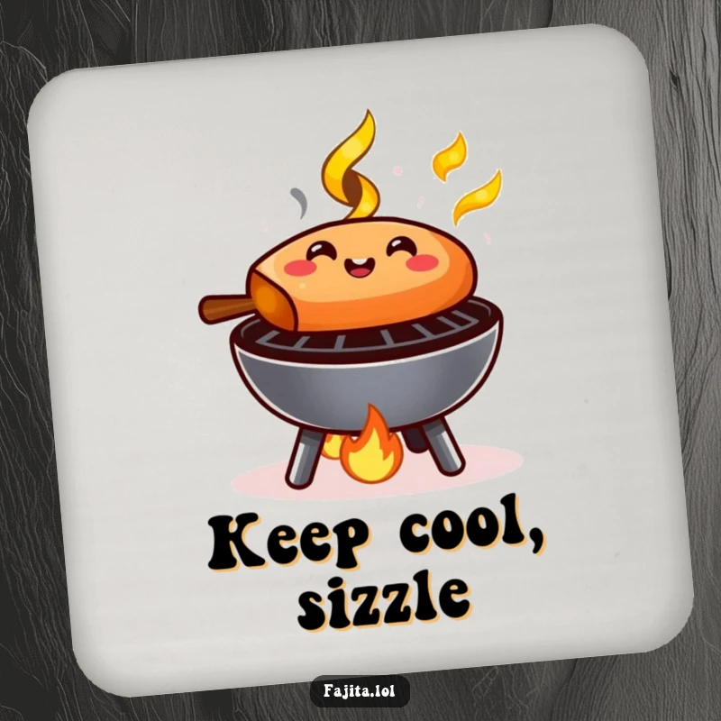 Funny Fajita Coaster: A fajita sizzling happily on a mini grill with small flames, protecting surfaces with culinary humor.