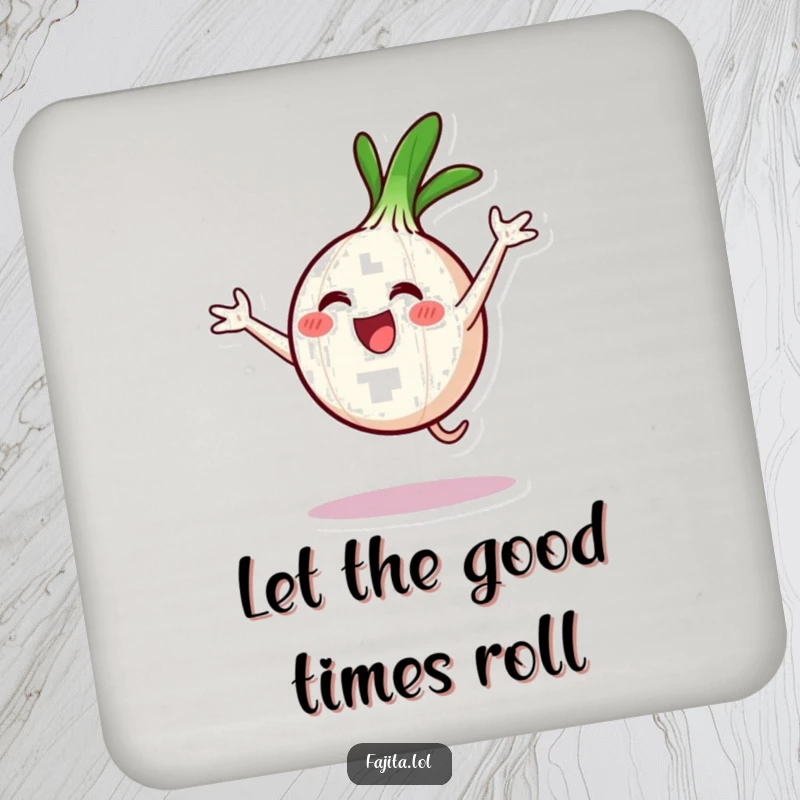 Funny drink coaster depicting an onion ring character doing a cartwheel, adding a touch of playful energy.