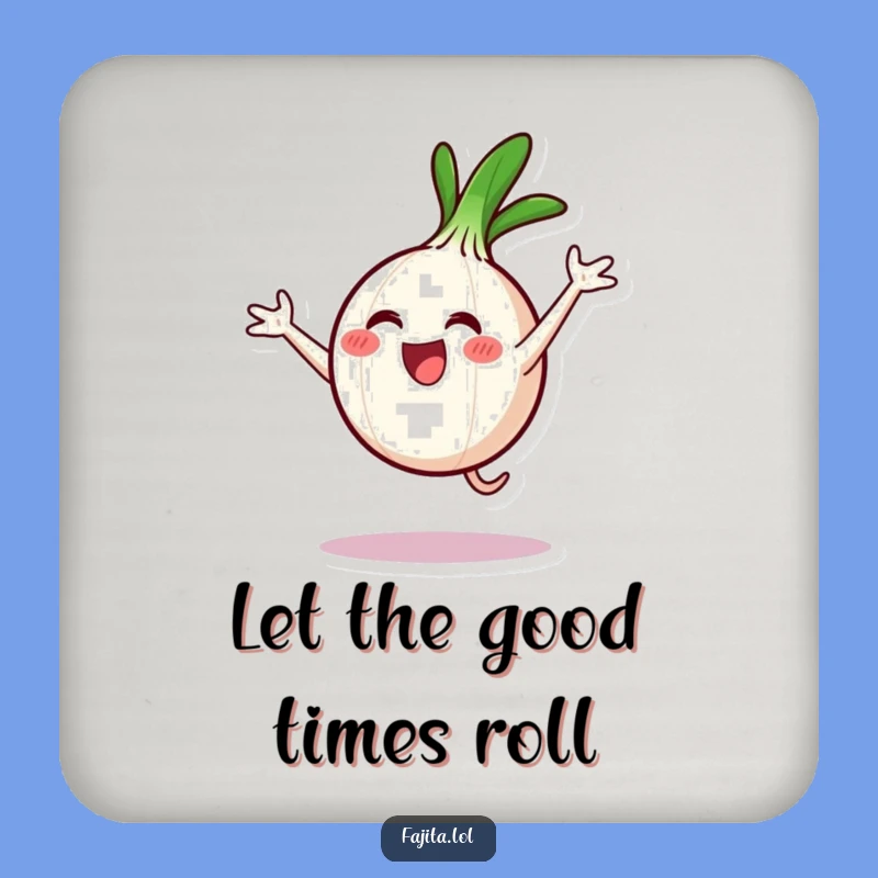 Protect your surfaces with a spin! This funny coaster features the cartwheeling onion ring, adding a cheerful touch.