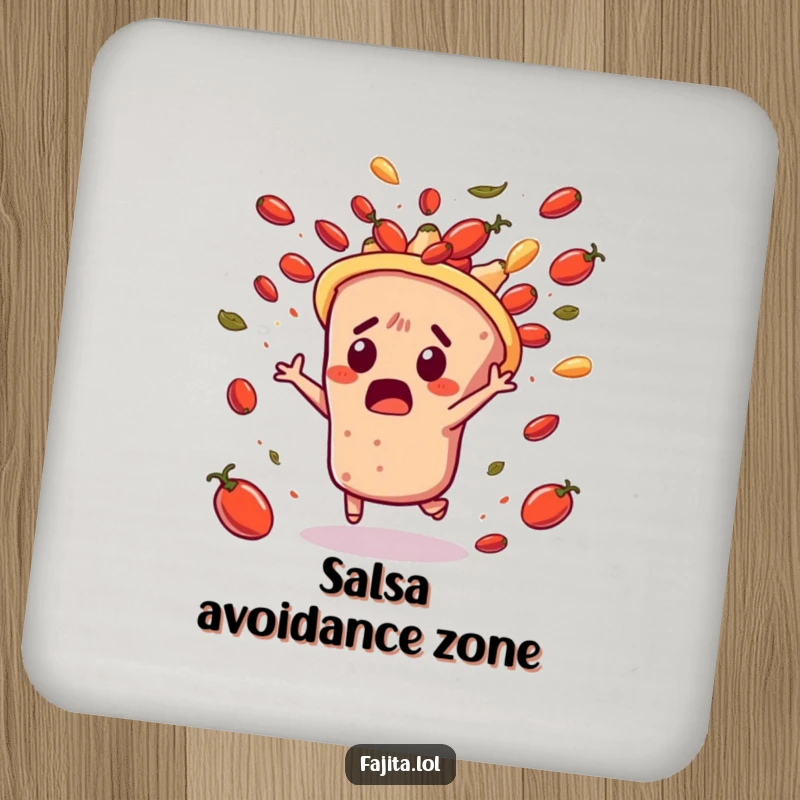 Funny drink coaster depicting a surprised fajita character dodging flying salsa, providing surface protection with a humorous, action-packed design.