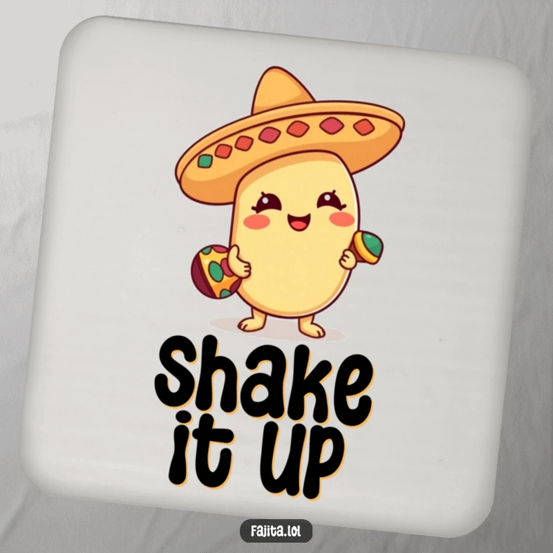 Funny Coasters featuring a happy bean character in a sombrero, playing a tiny maraca, protecting surfaces with festive charm and humor.