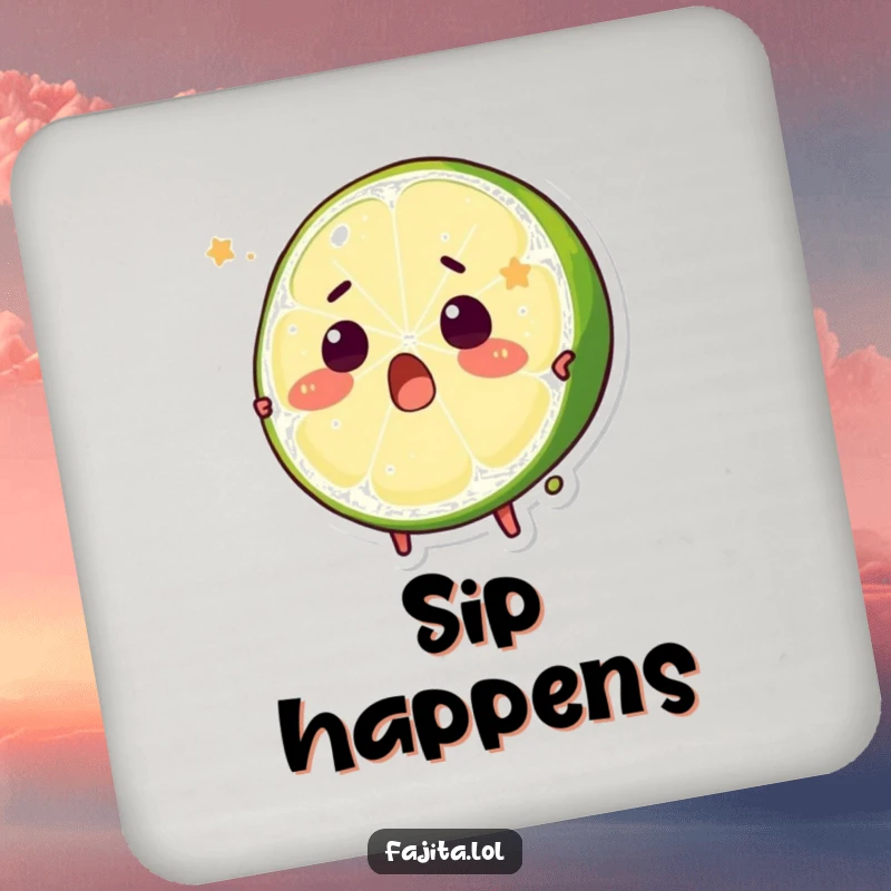 Funny drink coaster featuring a surprised lime wedge character comically being squeezed, protecting surfaces with humor.