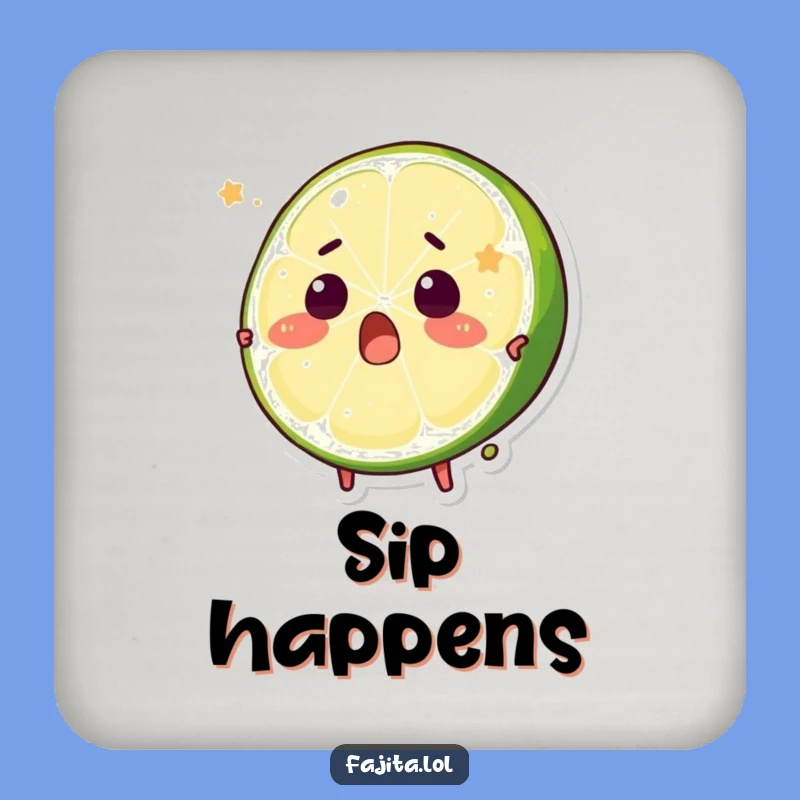 Keep your tables safe and add a smile with this funny coaster featuring a surprised lime wedge character being playfully squeezed.