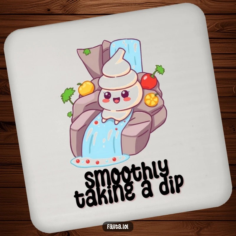 Funny Sour Cream Coaster: A sour cream dollop character sliding down a salsa waterfall, offering humorous surface protection.