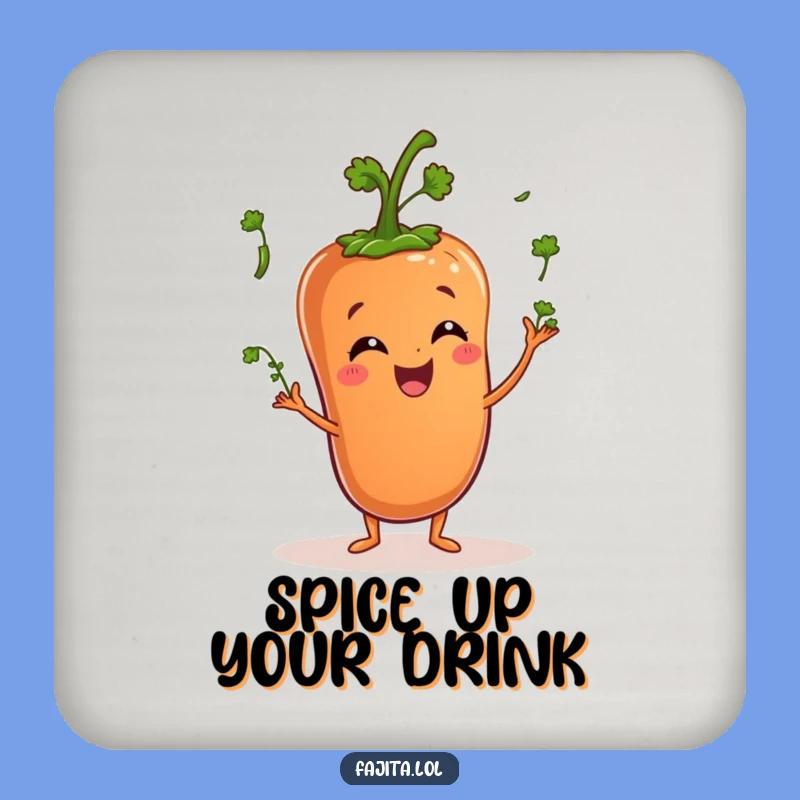 Add a touch of playful charm to your tabletop with this funny coaster! A pepper juggling cilantro keeps drinks secure and stylish.