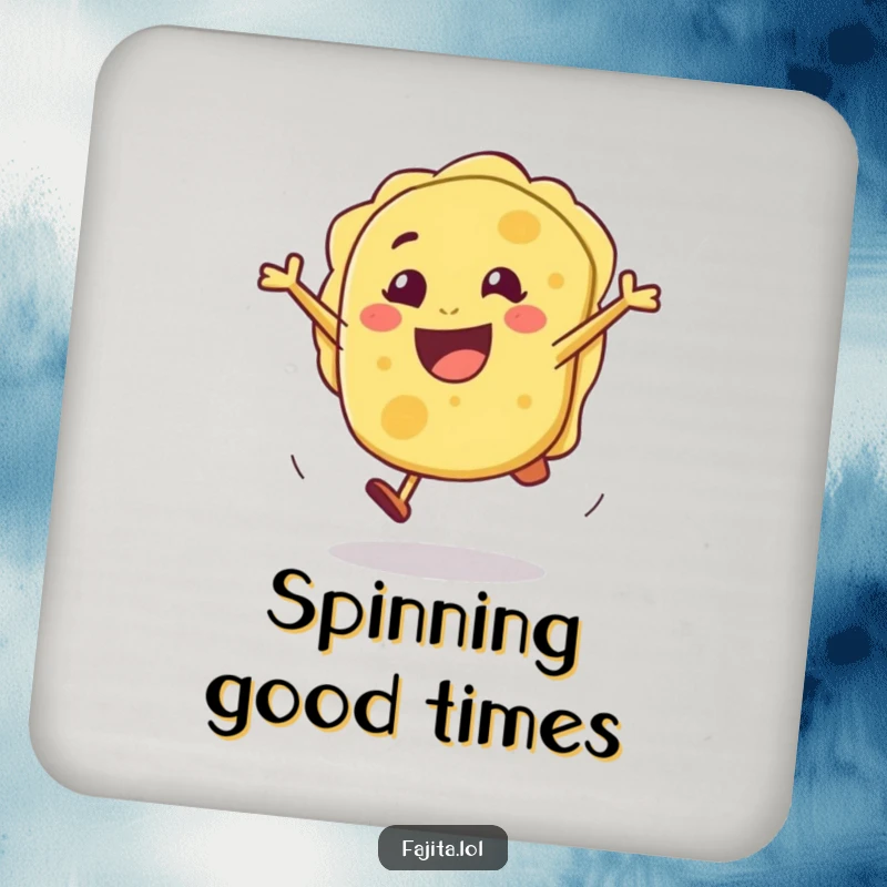 Funny drink coaster with a joyful tortilla performing a cartwheel, safeguarding surfaces with a dose of cheerful fun.