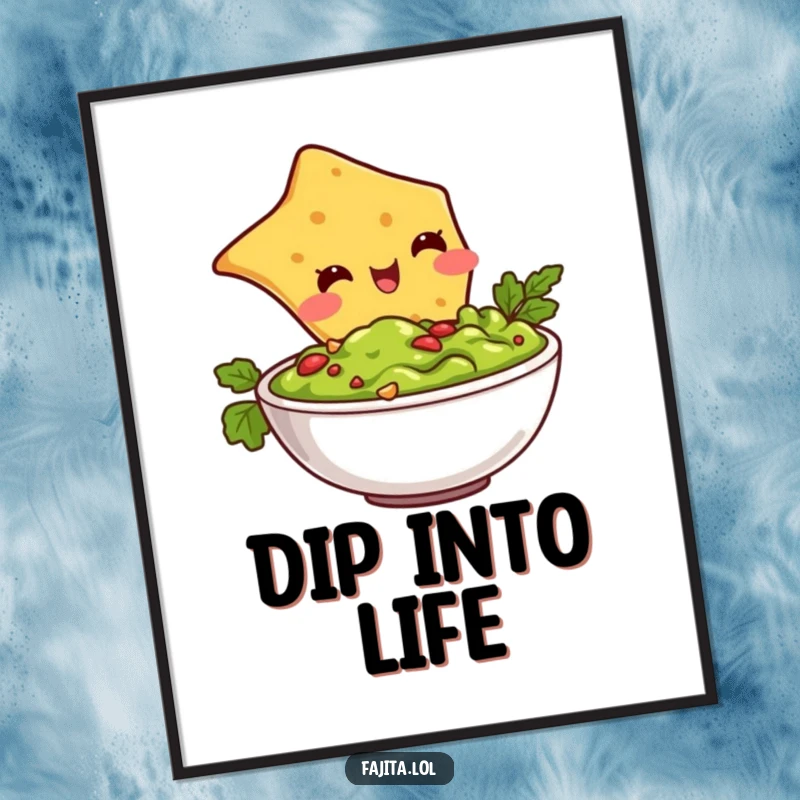 Funny poster art of a blushing tortilla chip character joyfully diving into a guacamole bowl, creating a fun wall display.