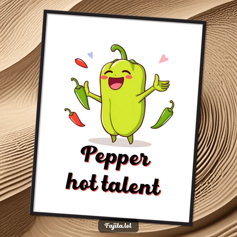 Funny poster of a laughing bell pepper energetically juggling jalapenos, bringing vibrant and humorous veggie energy to any wall.