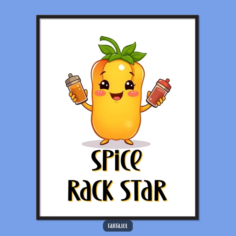 Decorate your kitchen or dining area with this fun and vibrant bell pepper juggling spices poster. A perfect piece for food lovers.