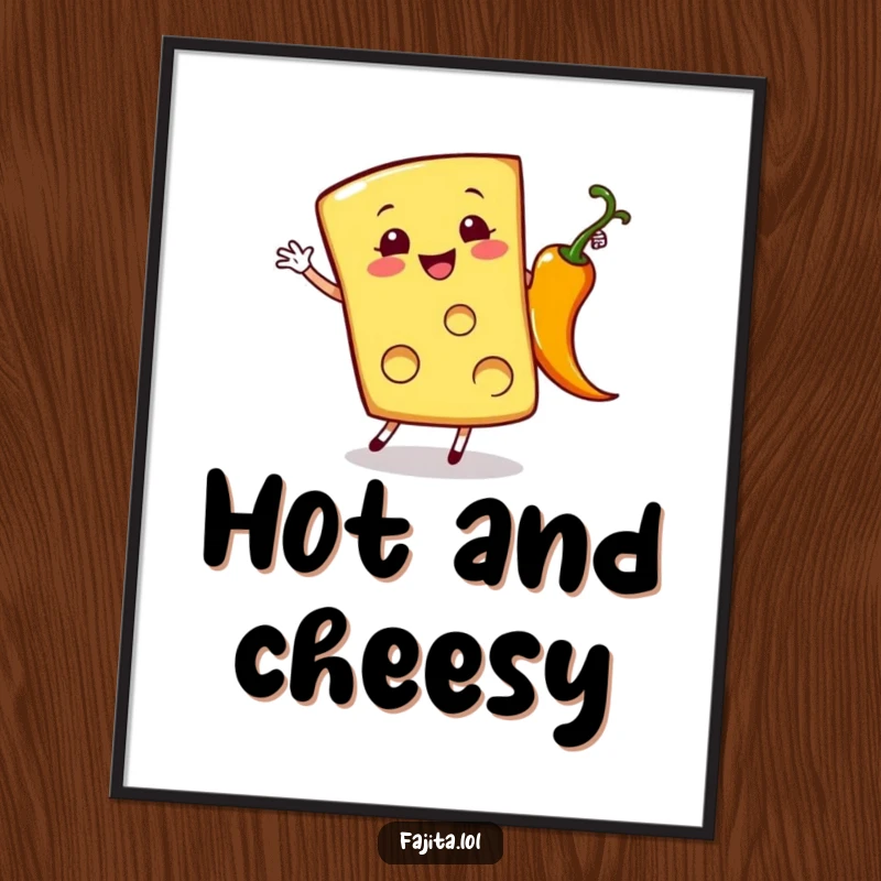 Funny poster of a cheerful cheese slice doing a cartwheel next to a sizzling pepper, adding lively decor.