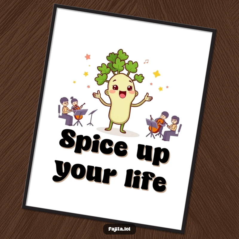 Funny poster showcasing a cilantro sprig character joyfully leading a concert of different spices, presented as wall art.